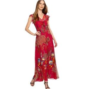 JOHNNY WAS Biya FEATHER LARK MESH MAXI DRESS W/SLIP Medium RARE $328 EUC